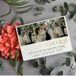 White Gold Photo We Are Married Post Wedding Party Foil Invitation Postcard<br><div class="desc">Elegant typography gold foil post wedding party invitation postcard personalized with three wedding photos and your new shared name in gold foil. Black and gold post wedding celebration invitation postcard for an informal yet elegant wedding reception invite with three photos and gold foil details against a dark background. Post elopement...</div>