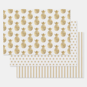 White Gold Pineapples Polka Dots Stripes Solid Wrapping Paper Sheets