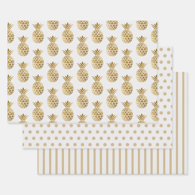 White Gold Pineapples Polka Dots Stripes Solid Wrapping Paper Sheets (Set)