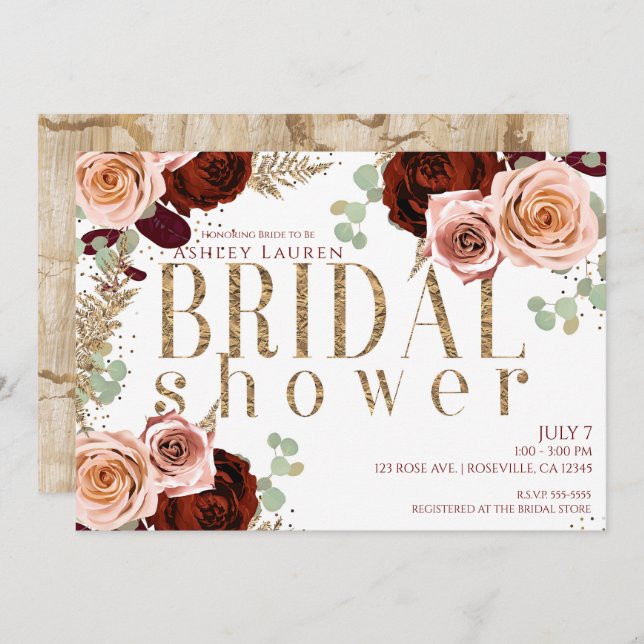 White Gold Pink Burgundy Roses Bridal Shower Invitation (Front/Back)