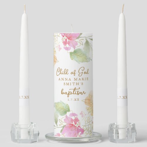 White Gold Pink Floral Baptism Unity Candle Set