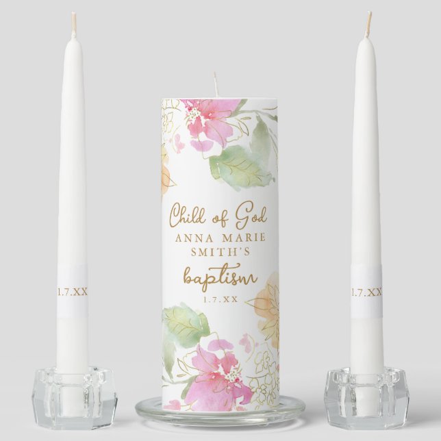 White Gold Pink Floral Baptism Unity Candle Set (Front)