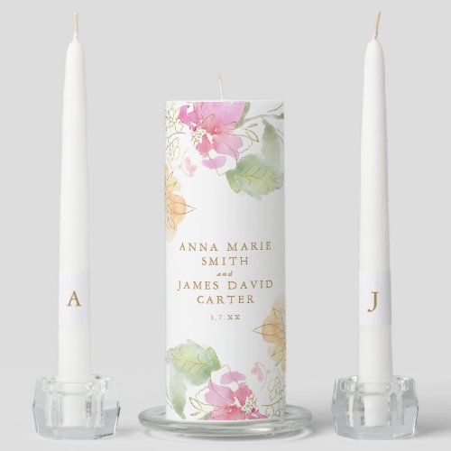 White Gold Pink Floral Wedding Unity Candle Set