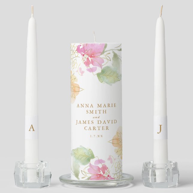 White Gold Pink Floral Wedding Unity Candle Set (Front)