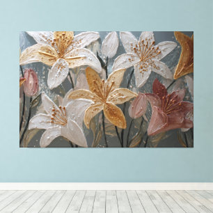 White Gold Pink Lilies Textured Abstract Wall Art