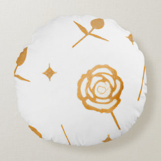 White & Gold Plate Rose Floral Pattern Round Pillow