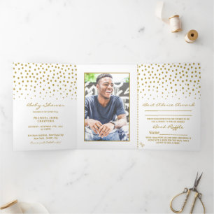 White & Gold Polka Dot, Baby Shower Suite Tri-Fold Invitation