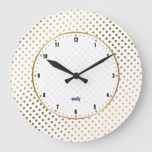 White  Gold Polka Dots Pattern Large Clock