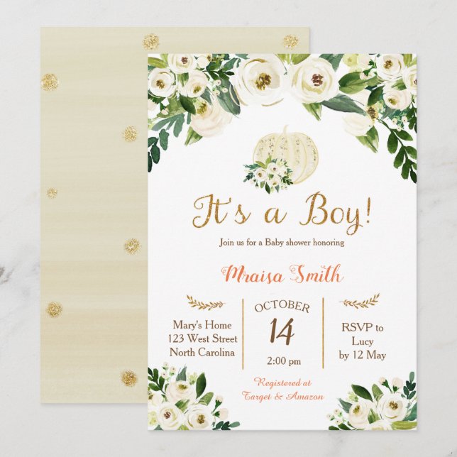 White Gold Pumpkin Baby Shower Invitation Boy (Front/Back)