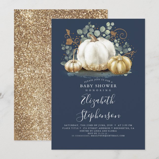 White Gold Pumpkins Navy Blue Fall Baby Shower Invitation (Front/Back)