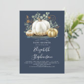 White Gold Pumpkins Navy Blue Fall Baby Shower Invitation (Standing Front)