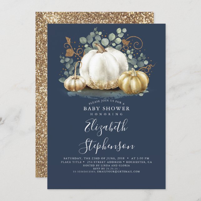 White Gold Pumpkins Navy Blue Fall Baby Shower Invitation (Front/Back)