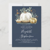 White Gold Pumpkins Navy Blue Fall Baby Shower Invitation (Front)