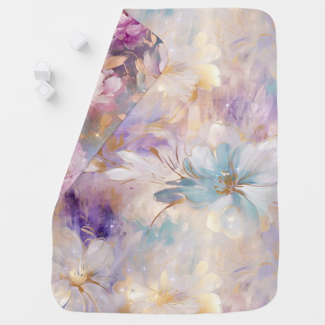 White Gold Purple Blue Floral Baby Blanket (In Situ)