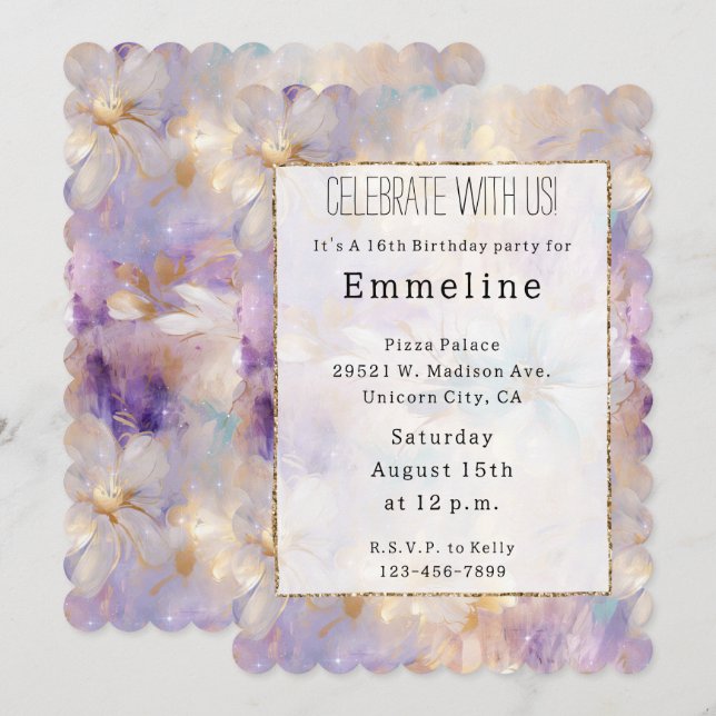 White Gold Purple Blue Floral Invitation (Front/Back)