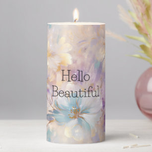 White Gold Purple Blue Floral Pillar Candle