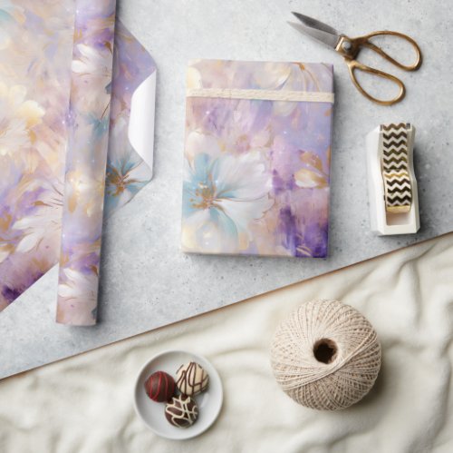 White Gold Purple Blue Floral Wrapping Paper