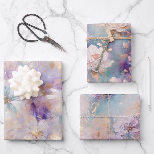 White Gold Purple Blue Floral Wrapping Paper Sheets