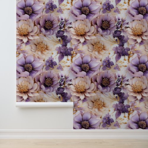 White Gold Purple Floral Pattern Peel and Stick Wallpaper