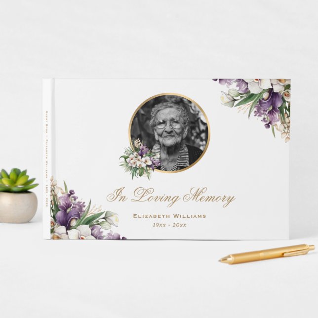 White Gold Purple Floral Photo Funeral Memorial Guest Book (InSitu Display)