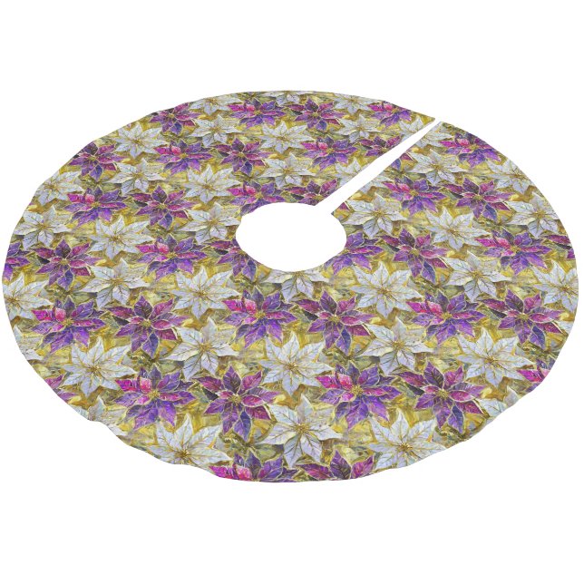 White Gold Purple Pink Christmas Poinsettias Brushed Polyester Tree Skirt (Angled)