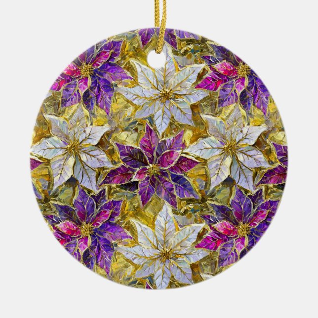 White Gold Purple Pink Christmas Poinsettias Ceramic Ornament (Front)