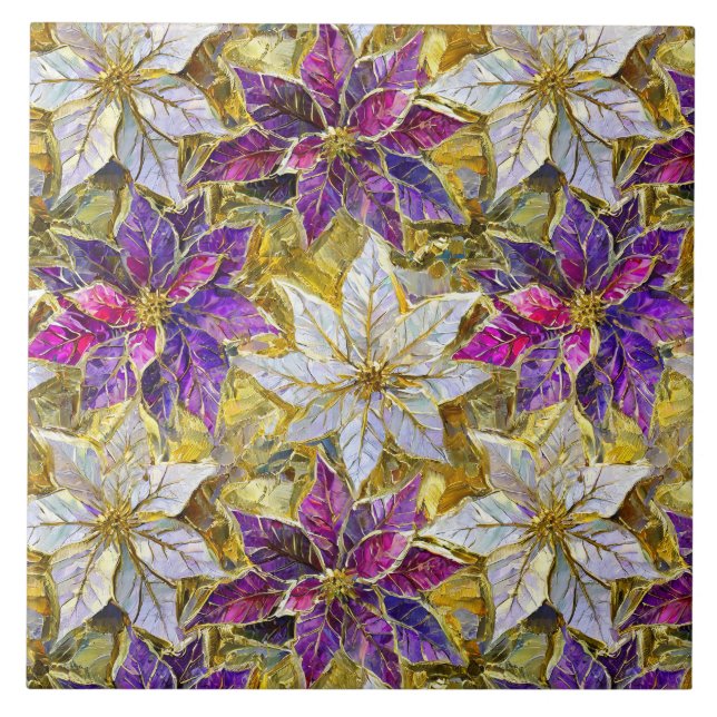 White Gold Purple Pink Christmas Poinsettias Ceramic Tile (Front)