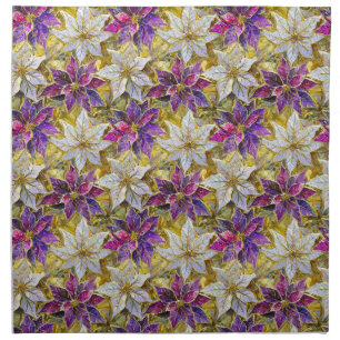 White Gold Purple Pink Christmas Poinsettias Cloth Napkin