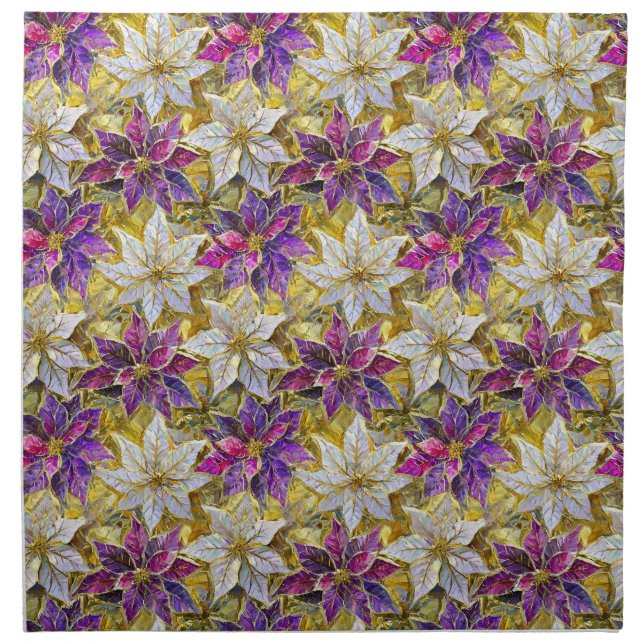 White Gold Purple Pink Christmas Poinsettias Cloth Napkin (Front)