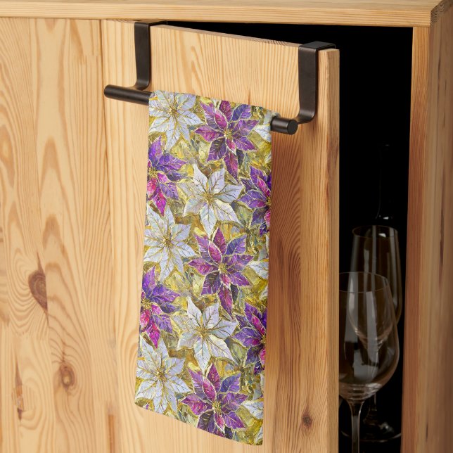White Gold Purple Pink Christmas Poinsettias Kitchen Towel (Thirds Fold)