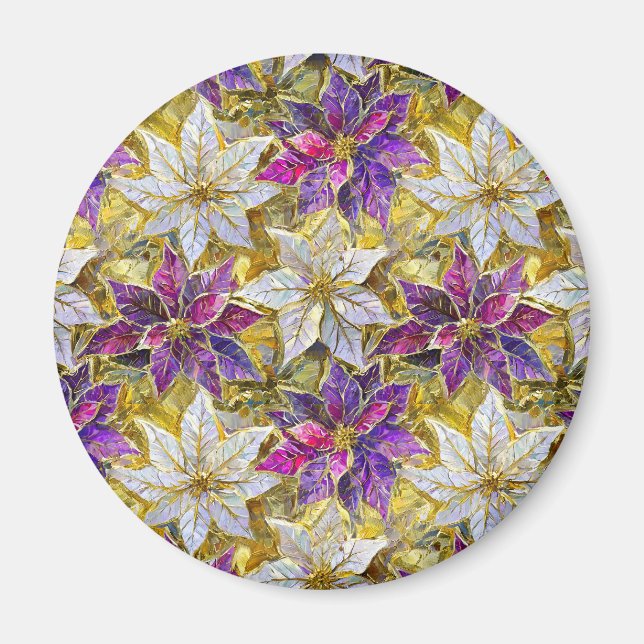 White Gold Purple Pink Christmas Poinsettias Magnet (Front)