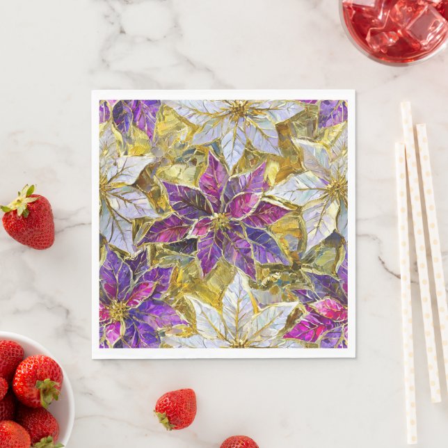 White Gold Purple Pink Christmas Poinsettias Napkins (Insitu)