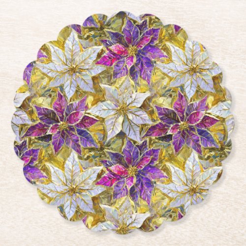 White Gold Purple Pink Christmas Poinsettias Paper Coaster