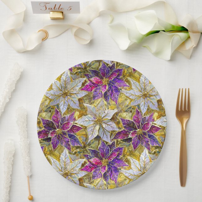 White Gold Purple Pink Christmas Poinsettias Paper Plates (Wedding)