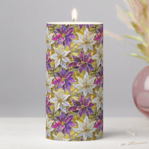 White Gold Purple Pink Christmas Poinsettias Pillar Candle