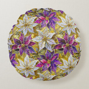 White Gold Purple Pink Christmas Poinsettias Round Pillow