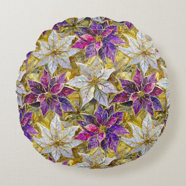 White Gold Purple Pink Christmas Poinsettias Round Pillow (Front)