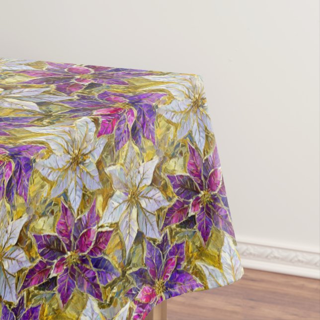 White Gold Purple Pink Christmas Poinsettias Tablecloth (In Situ)