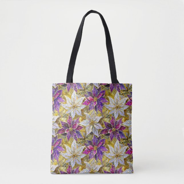White Gold Purple Pink Christmas Poinsettias Tote Bag (Front)