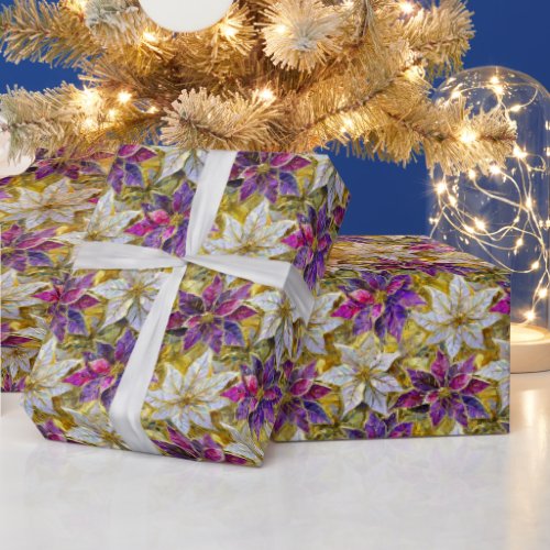 White Gold Purple Pink Christmas Poinsettias Wrapping Paper