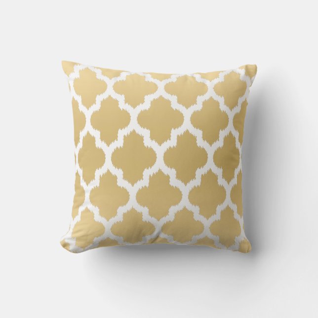 White & Gold Quatrefoil Ikat Geometric Pattern Outdoor Pillow (Front)