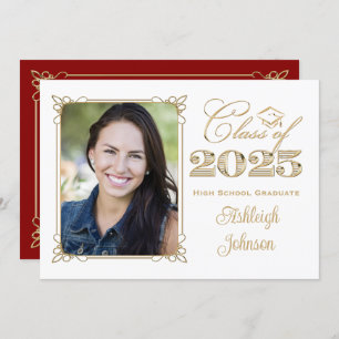 White, Gold, Red 2025 Photo Graduation Invite