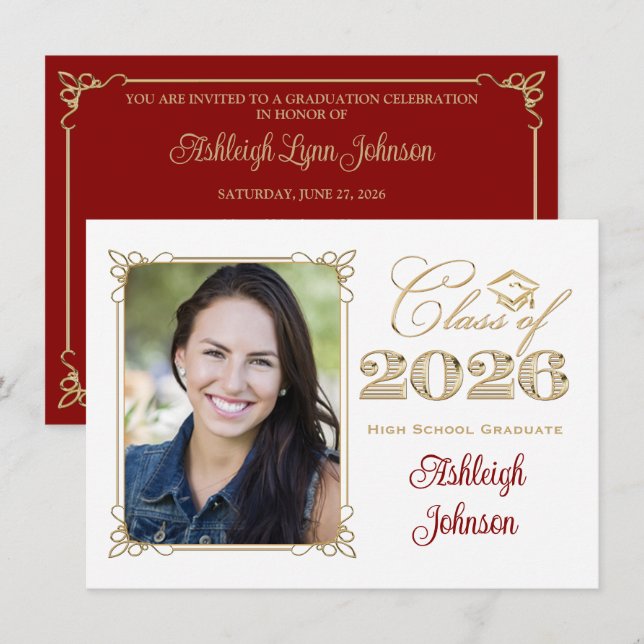 White, Gold, Red 2026 Photo Graduation Invite (Front/Back)