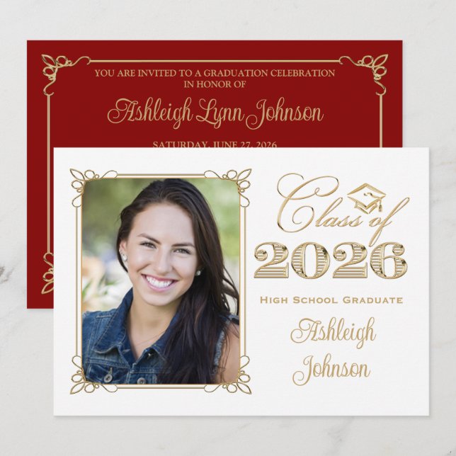 White, Gold, Red 2026 Photo Graduation Invite (Front/Back)