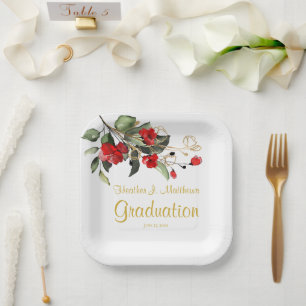 White & Gold Red Floral Graduation Party Paper Plates