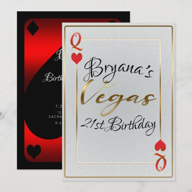 White Gold Red Queen of Hearts Vegas 21st Birthday Invitation (Front/Back)