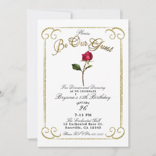 White & Gold Red Rose Beauty Birthday Party Invitation