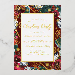 White Gold Red Swirl Flower Frame Christmas Party Foil Invitation