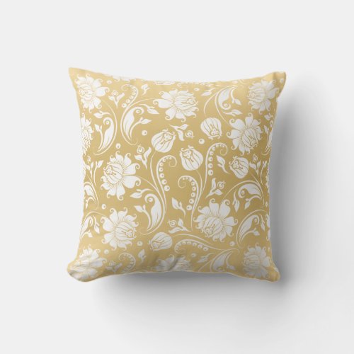 White  Gold Reversible Floral Vintage Pattern Throw Pillow