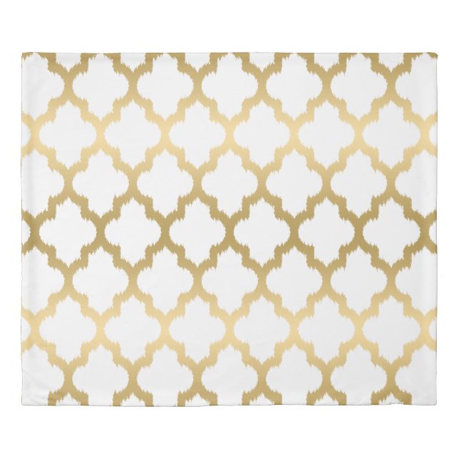 White & Gold Reversible Quatrefoil Modern Pattern Duvet Cover (Front)